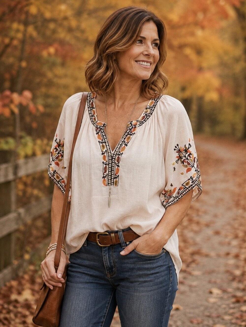 Democracy 🍁🍂 FALL colors 🍁🍂 Boho Embroidered Cream Peasant Top - Women